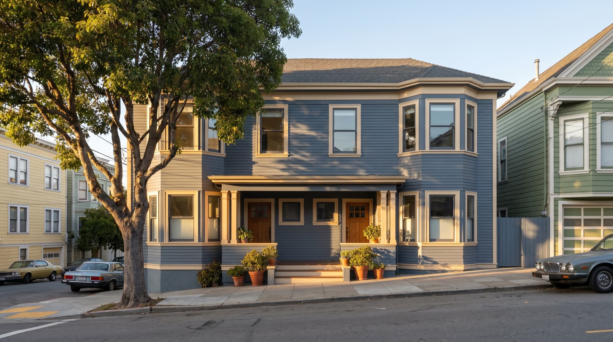 Wide front-elevation view of a Bay Area slate-blue Edwardian duplex on a residential block with mature street tree, illustrative of the asset class