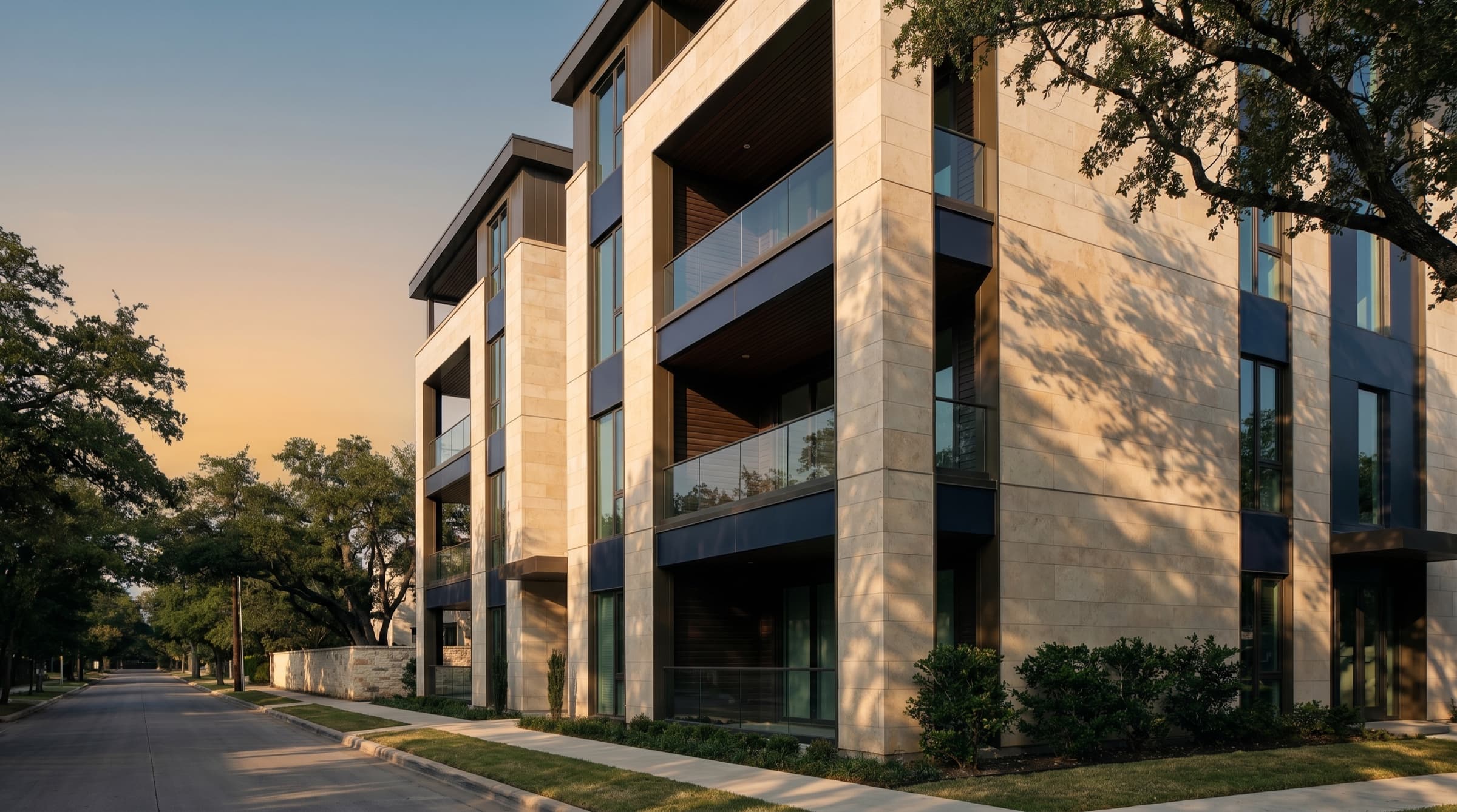 Class A boutique multifamily building exterior at golden hour, illustrative of the type of asset typically held in a Delaware Statutory Trust