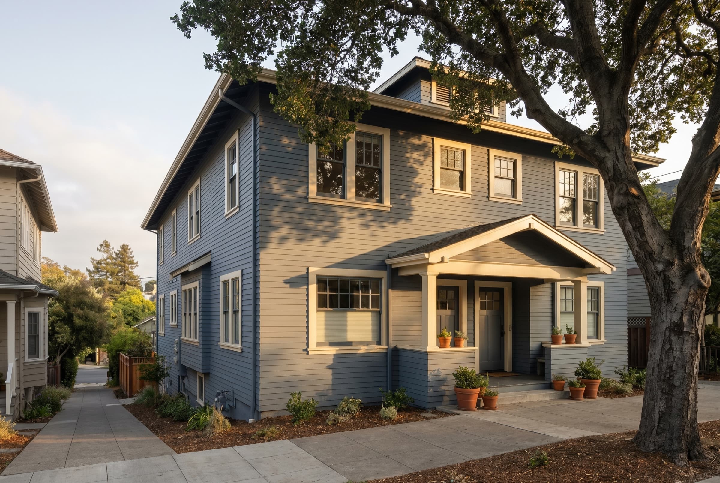 Bay Area slate-blue craftsman duplex on a residential street at golden hour, illustrative of the asset class