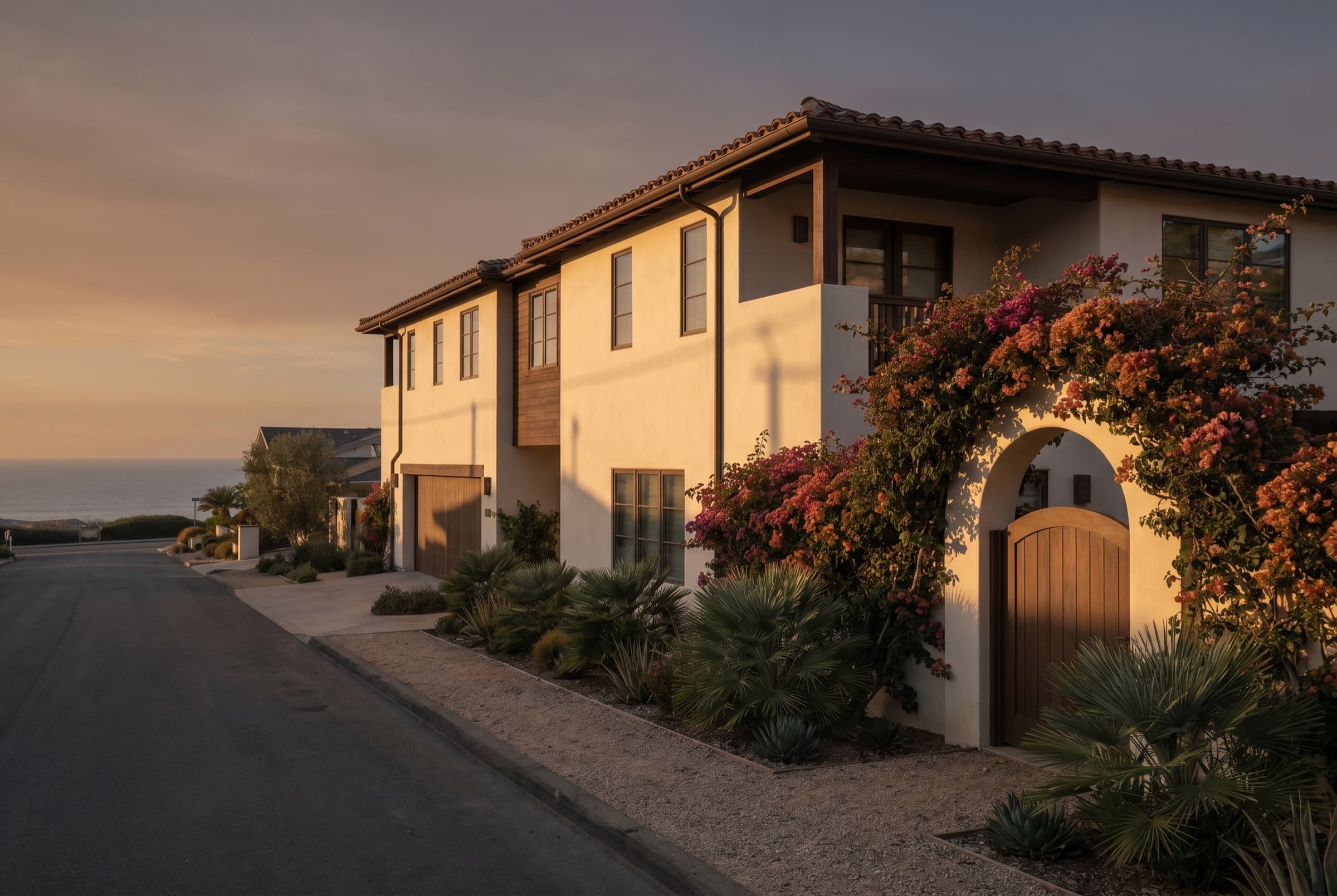 Coastal California stucco fourplex with bougainvillea at sunset, illustrative of the asset class
